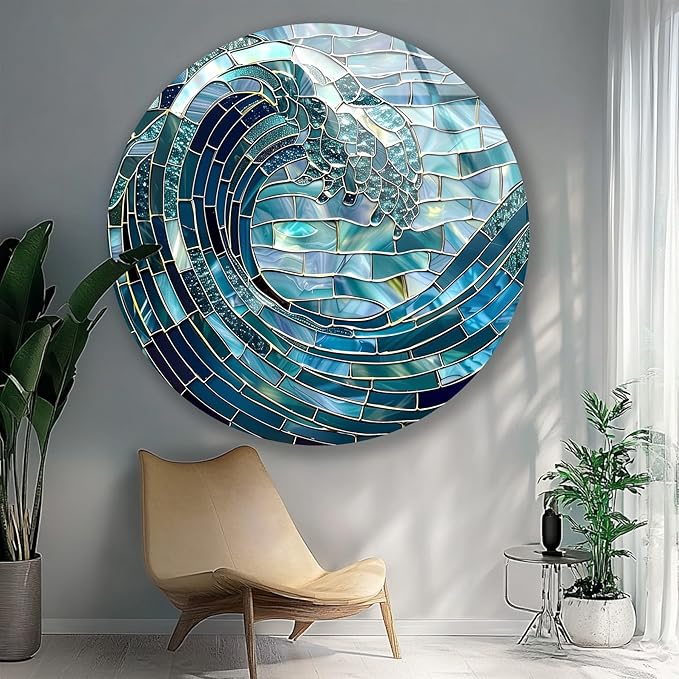 My Photostation.com 20''(50cm) Diameter Ocean Wave in Blue Mosaic Round Glass Wall Art Tempered Glass Printing Wall Decor Large Wall Art Wall Hangings