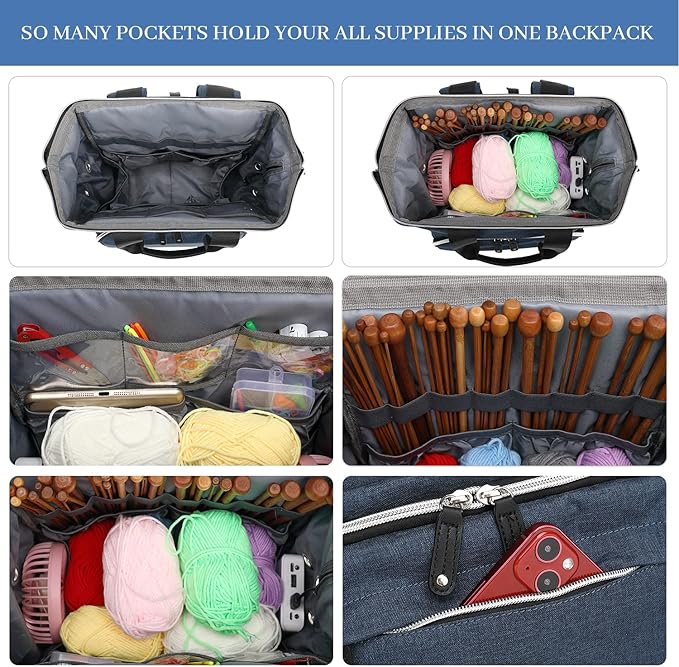 Crochet Backpack,Knitting Bag Backpack Yarn Storage Organizer Travel Crochet Bag with USB Charging Port,Large Yarn Tote Bag Yarn Holder Case for Knitting Needles,Crochet Hooks,Crochet Accessories,Blue