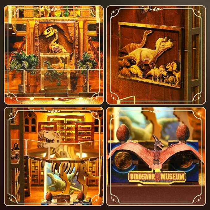 Book Nook Kit – DIY Wooden Miniature House Kits, Stunning Bookshelf Insert Decor, Ideal Gift for Holidays, Birthdays（Dinosaur Museum）