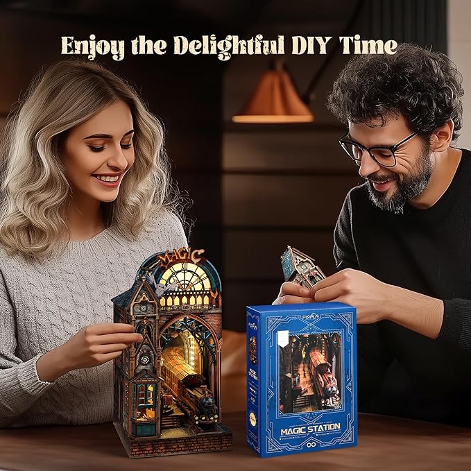 LED 3D Puzzle Magic Station Book Nook Kit - Interactive 3D Wood Puzzle LED Magical Miniature with Infinite Extension Space - DIY Bookshelf Insert Decor Gifts
