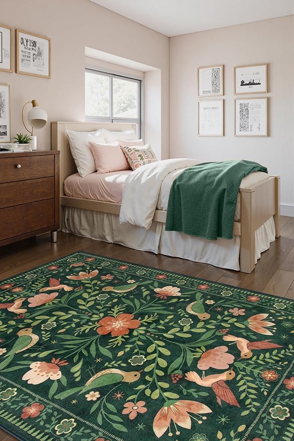 Morebes Green Boho 8x10 Area Rugs for Living Room, Washable Floral Rug for Bedroom Non Slip, Soft Ultra-Thin Distressed Flower Birds Indoor Carpet for Farmhouse Classroom Kids Nursery