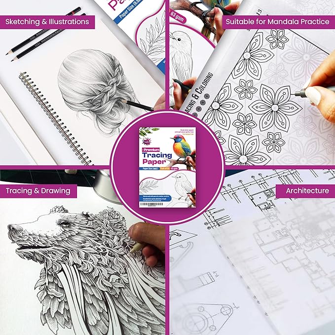 Tracing Paper 9 x 12 Inch - 50 Sheets 41lb/63gsm Transparent Vellum Paper for Sketching, Preliminary Drawing, Drafting & Overlays - Premium Translucent Tracing Paper for Pencil, Marker and Ink