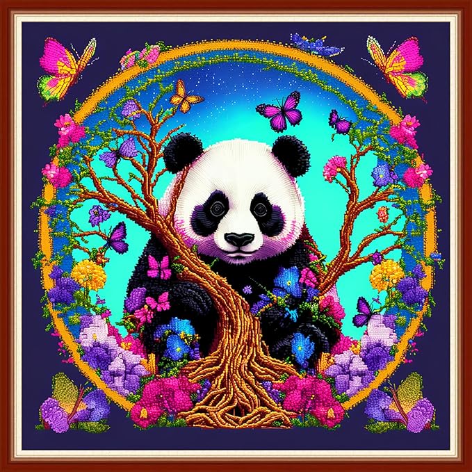 Dimensean Stamped Cross Stitch Kits Full Range of Embroidery Patterns Starter Kits for Beginners Adult or Kids DIY Cross Stitches Needlepoint Kits 11CT-Panda Flower 17.7x17.7 inch