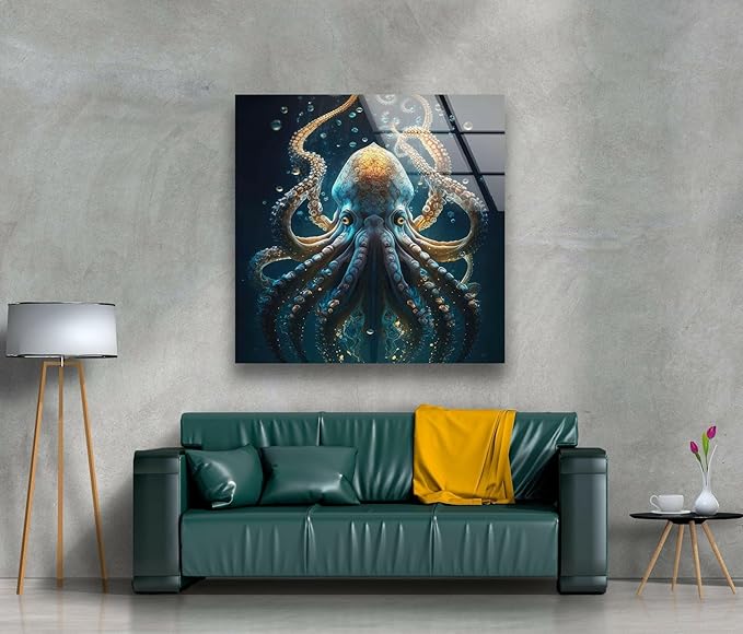 My Photostation.com 32Wx48H'' Underwater Blue Octopus Glass Wall Art Tempered Glass Printing Wall Decor Large Wall Art Wall Hangings