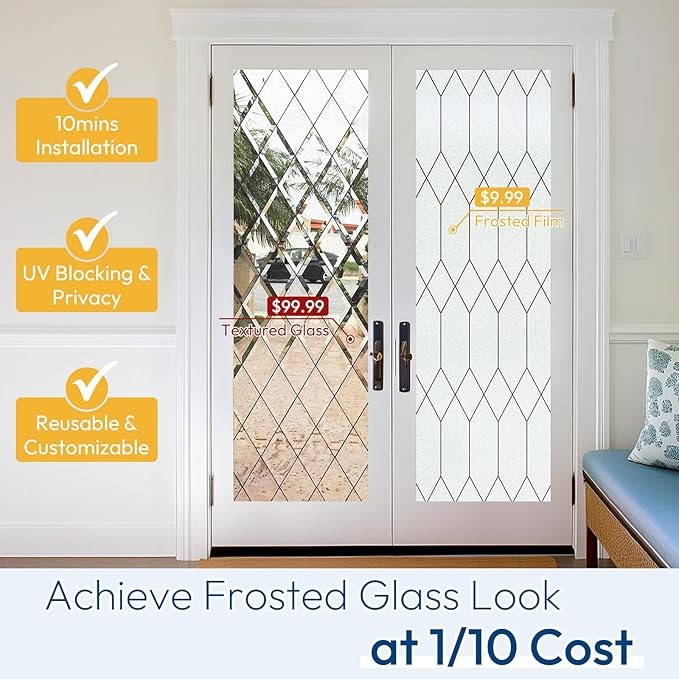 rabbitgoo Window Privacy Film for Glass Windows, Frosted Glass Cling with Decorative Moroccan Lattice, Removable Heat Control Sun Blocking Door Covering Sticker for Home Bathroom, 23.6 x 157.4 inches
