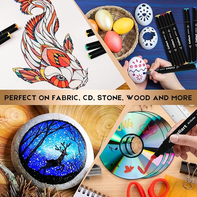 Caliart Markers, 100 Colors Dual Tip Art Markers Sketch Pens Permanent Alcohol Based, with Case for Adult Artist Halloween Drawing Sketching (Black Barrel)