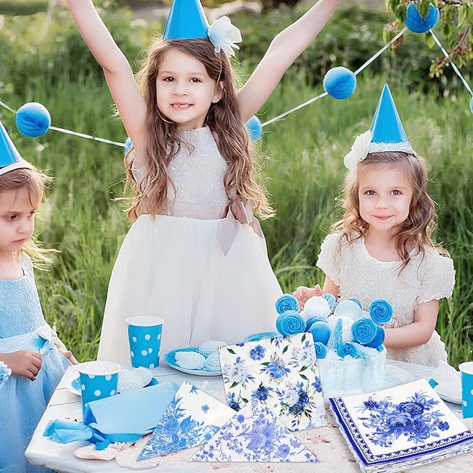 40 Pack 10 Styles Decoupage Paper Napkins, Assorted Blue and White Floral Decorative Decoupage Cocktail Napkins for Birthday Tea Party Wedding Dinner Kitchen Bathroom