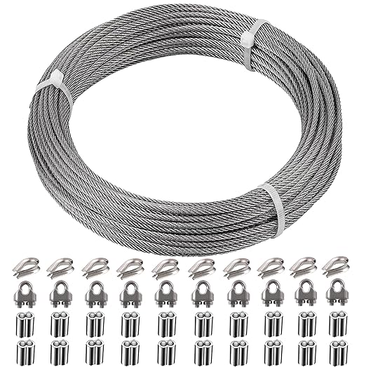 1/8 Inch Stainless Steel Wire Rope Cable Kit,100 ft Length 1/8“ Wire Cable 7x7 Strands with Sleeves, Thimbles, Clips, for Climbing Plants, Deck Railing, Fencing, Outdoor Hanging