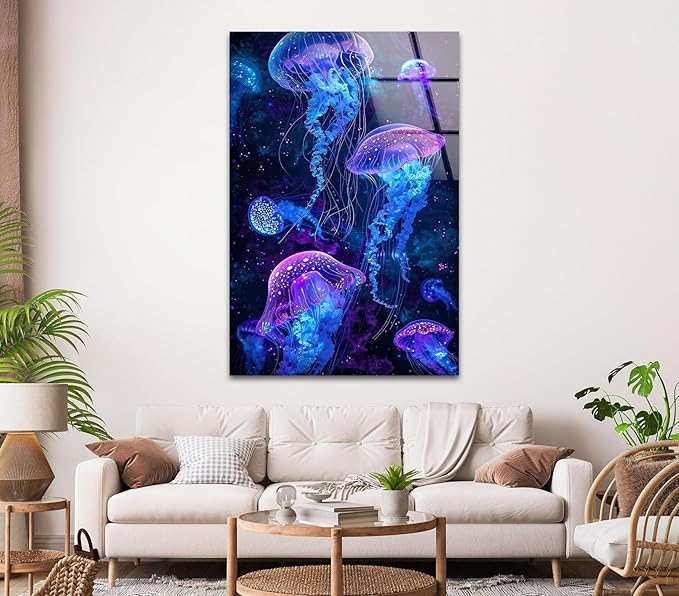 My Photostation.com 30Wx35.5H'' Glowing Jellyfish Glass Wall Art Tempered Glass Printing Wall Decor Large Wall Art Wall Hangings