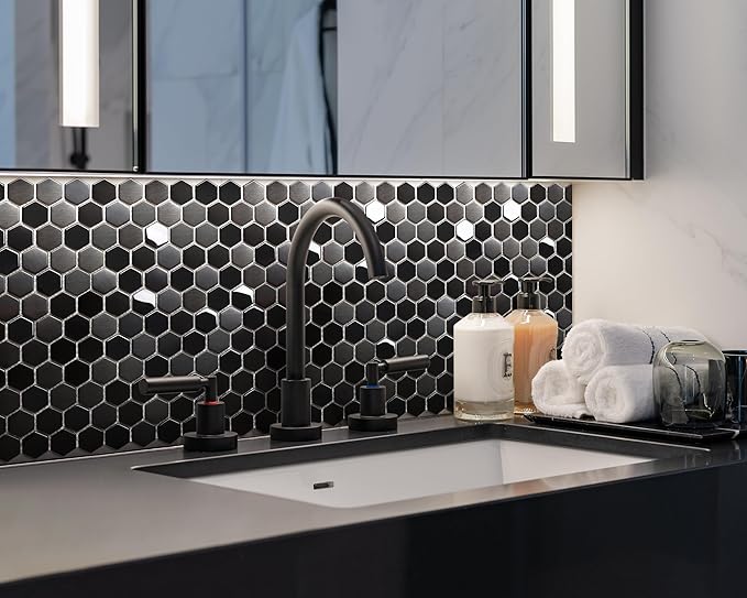 Blujellyfish Hexagon Black Tile Backsplash Metal Mosaic Wall Floor Tiles (Box of 5 Sheets)