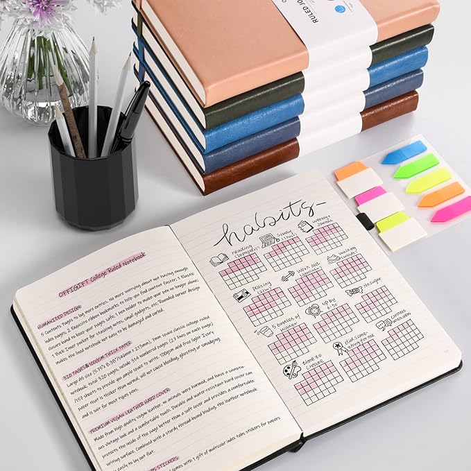 Lined Journal Notebook, Large A5 College Ruled Notebook, 312 Numbered Pages Work Notebook with Index Stickers, 100gsm Thick Paper, Hardcover Vegan Leather Journal for Women Men School Office, Pink