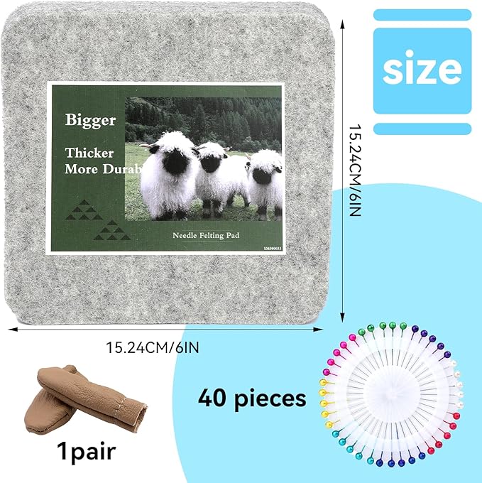 WONVOC Needle Felting Pad, 6x6x1'' Natural Wool Felting Mat, Needle Felting Supplies, with Finger Cots and 40 Straight Pins, for Wool Project Crafts