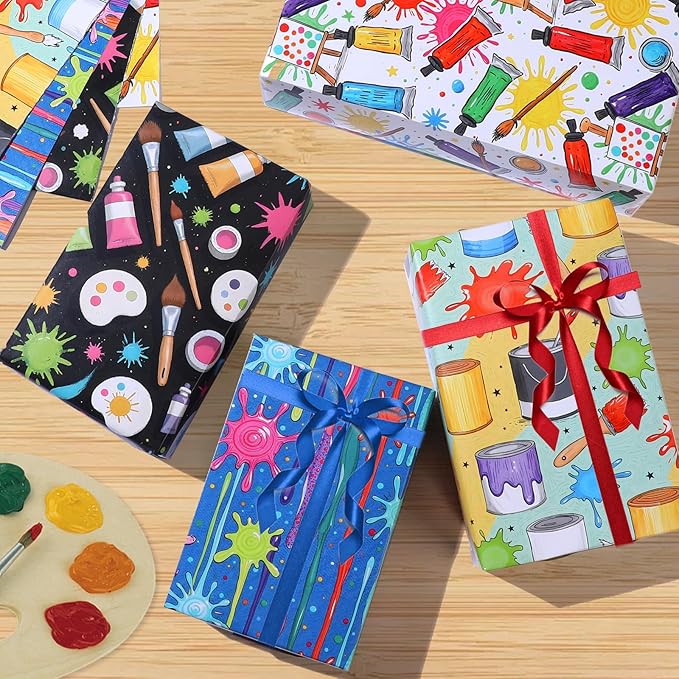 Pineraap 12 Sheets Art Wrapping Paper, Painting Palette Brushes Paint Design Gift Wrap Paper, Creative Art Doodles Folded Flat Gift Wrap for Artists, Birthdays, Celebrations, 19.7 x 27.6 Inch