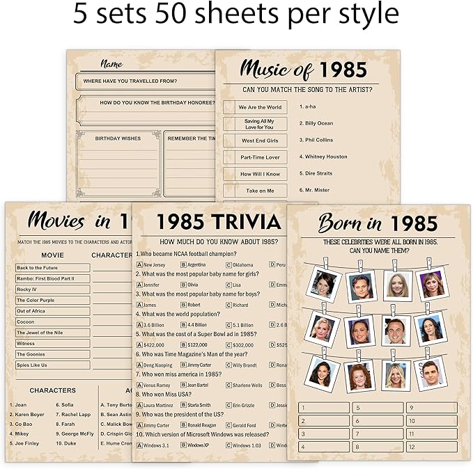 QUPT 40th Birthday Party Games, Set of 5 Activities for 10 Guests, Born in 1985 Games Bundle, Birthday Party Supplies for Adults, Pack of 50 Cards