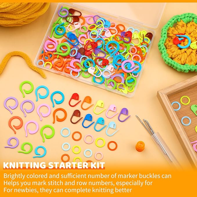 Yizzvb 263 Pcs Stitch Ring Markers, Knitting Stitch Rings with Plastic Box, 3 Types Knit Counting Ring Crochet Sewing Locking Accessories and 3 Pcs Large-Eye Blunt Needles for DIY Handmade Crafts