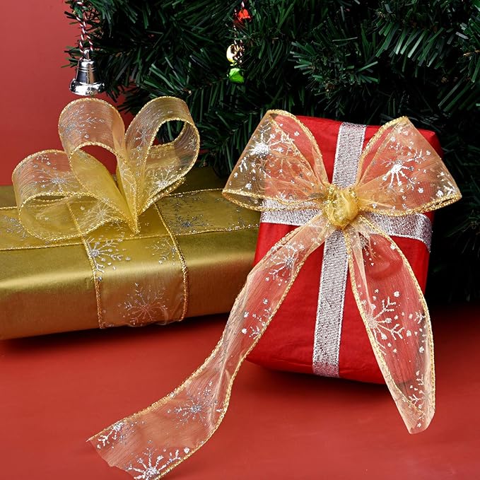 2.5 Inch Wide Christmas Wired Ribbon Snowflake Organza Sheer Glitter Ribbon for Xmas Tree, Wreath, Party Decoration, Gift Wrapping (Golden, 10.9 Yards)