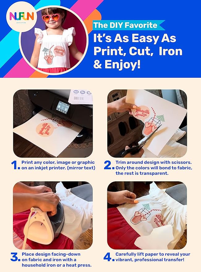 NuFun Activities Printable Iron-on Heat Transfer Paper for T Shirts, Light Fabrics, 500 Sheets 8.5 x 11 inch, Long Lasting, Durable, Professional Quality, Easy DIY, Non-Toxic, Made In the USA