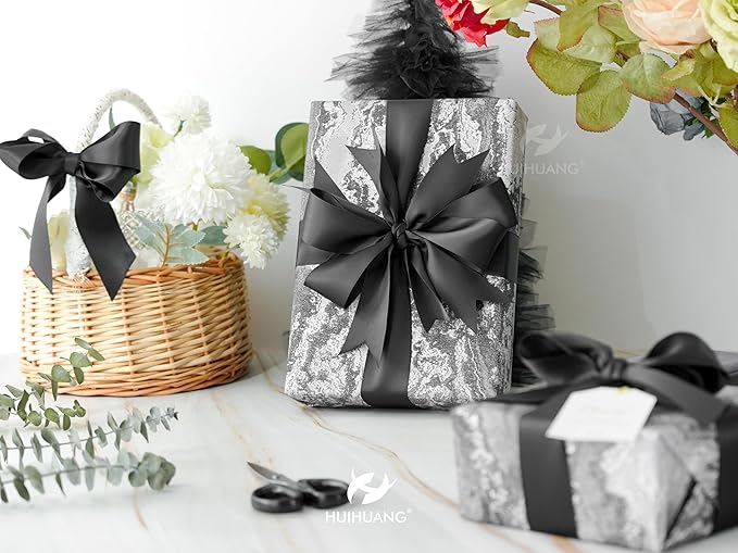 HUIHUANG Black Satin Ribbon 1-1/2 inch x 100 Yards Double-Faced Satin Ribbon for Flower Bouquet, Gift Wrapping, Eternal Roses, DIY Crafts, Bridal Shower Wedding Decor