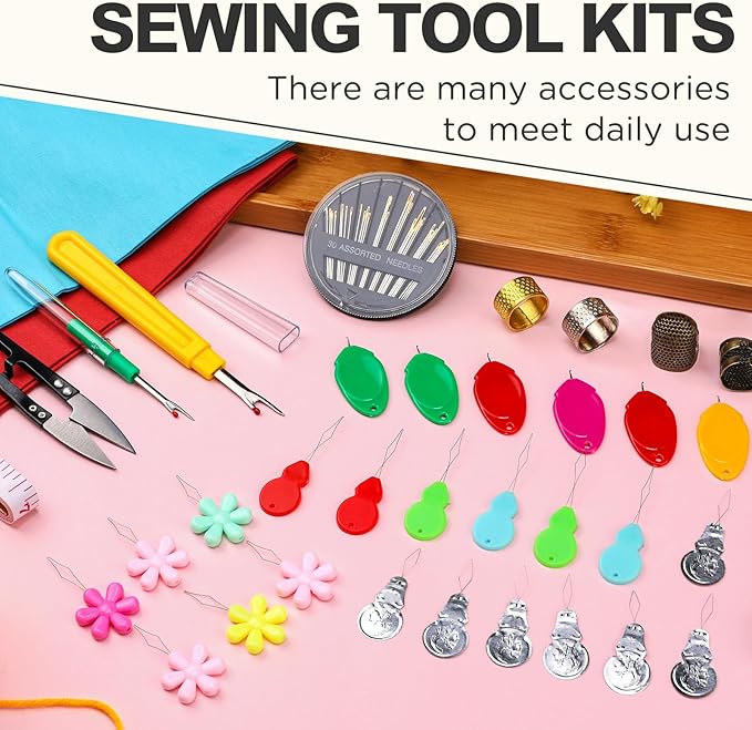 KAQRHFT 24 PCS Needle Threaders Kit, 4 Types Needle Threader with Embroidery Needles, Seam Ripper, Thread Snips, Thimble and Measuring Tape, Sewing Tool Kit for Hand Sewing
