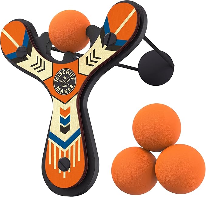 Mighty Fun! - Mischief Maker® Wooden Slingshot - Classic Series - Real Wood Slingshot for Kids, 4 Soft Foam Balls and Storage Bag - Ages 4+ (Orange)