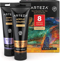 Arteza Metallic Acrylic Paint, Set of 8 Vibrant Essentials Colors 4.06oz Tubes, Rich Pigments, Non Fading, Non Toxic Paints for Artists & Hobby Painte