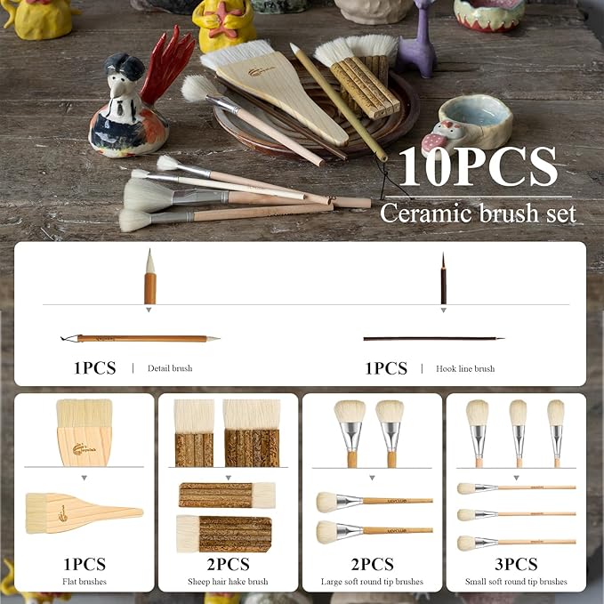 Pottery Glaze Brushes,10 PCS Painting Ceramic Brush Set, Different Shape Wool Soft Bristle for Ceramic Pottery Glazing Creation