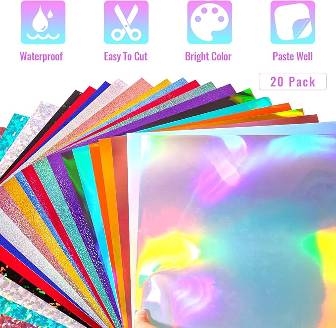 GIRAFVINYL Assorted Holographic Vinyl Sheets, Holographic Glitter Permanent Vinyl Bundle for DIY Decorations,12” x 12”20 Sheets