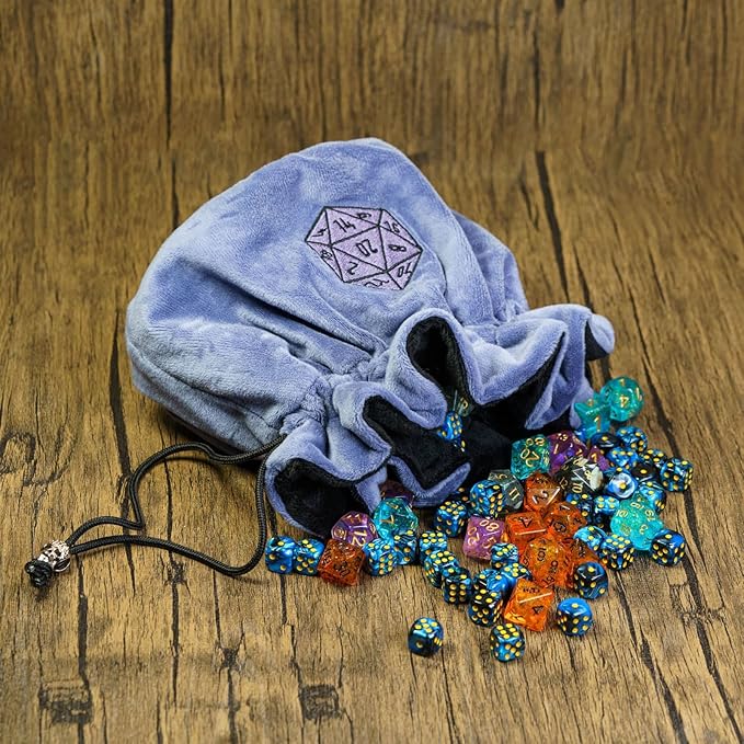 Large Dice Bags with Pockets Blue Storage Bag D20 Logo for DND RPG Game Dices (with 1lb Random DND Dice)