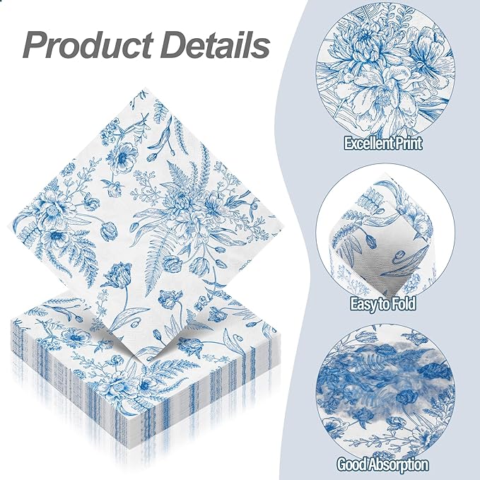 Aodaer 48 Pieces Floral Paper Napkins Disposable Blue Floral Napkins Blue and White Cocktail Dinner Napkin Set 13" x 13" Unfolded Decoupage Tableware Napkins for Garden Party Supplies
