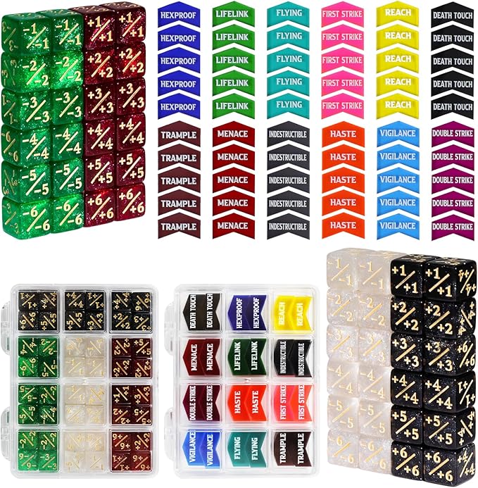 108PCS MTG Keyword Tokens & 12mm MTG Life Counter Dice Set for Magic Card, CCG Creature Stats Loyalty Dice with Box, Magic TCG Card Game Accessories