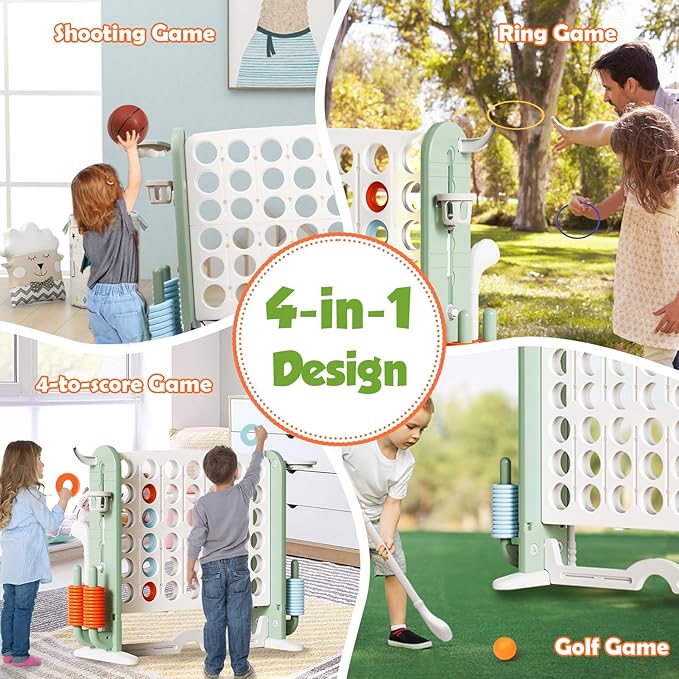Giant 4 in a Row Connect Game with Mesh Fabric | Height Adjustable 4-in-1 Jumbo 4-to-Score Yard Game Set with Basketball, Golf & Ring Toss | Outdoor Indoor Family Yard Party Game for Kids & Adults