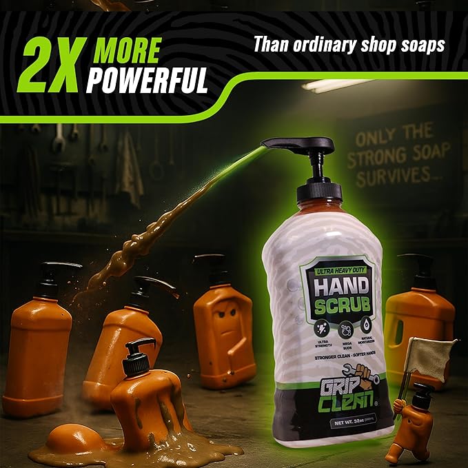 Grip Clean Heavy-Duty Hand Cleaner for Mechanics with Nail Brush - Moisturizing Coconut Oil Hand Cleaner Liquid Hand Soap with Stiff Bristle Nail Brush, Lime Scent - 32 Fl Oz Pump Top + Brush