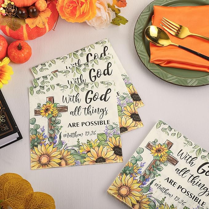 60 Pcs Sunflower Christian Cocktail Paper Napkins 6.5 x 6.5 Inches Disposable Paper Napkins Dessert Beverage Tissue for Decoupage Luncheon Tissue for Theme Party Wedding Birthday Party