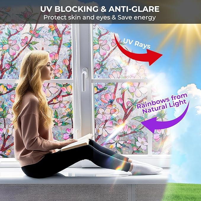 Window Privacy Film Rainbow Film Stained Glass 3D Static Cling Decorative Window Sticker for Bathroom,Front Door,Home Heat Control UV Blocking Non Adhesive,Peach Blossom 35.4 x 78.7inches