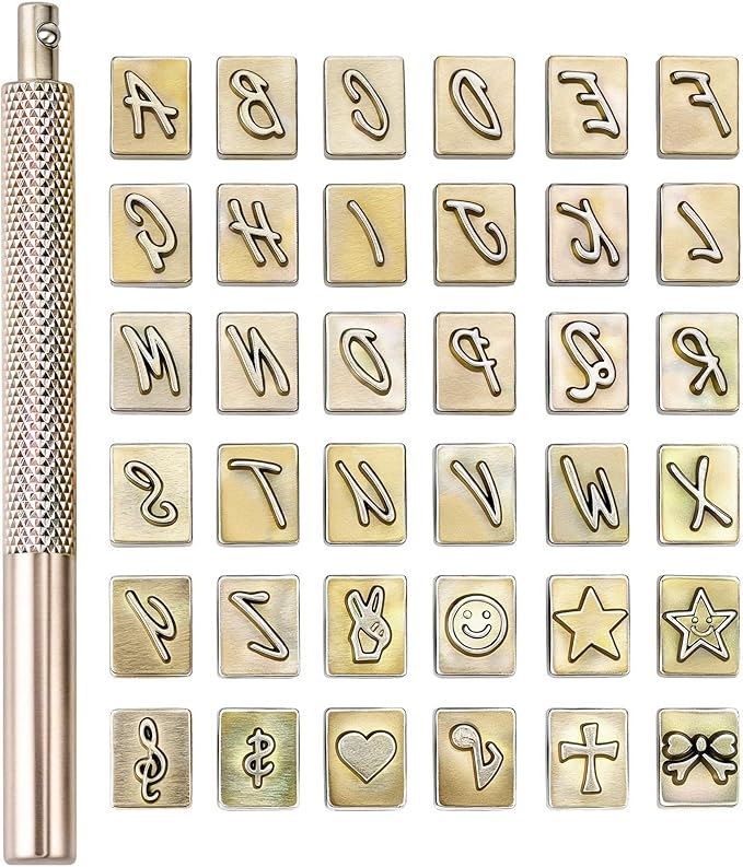 Yoption 37 Pieces Leathercarft Stamping Tool Set, 26 Letters Alphabet & 10 Patterns Stamping Tool 6mm +1 Stamping Handle for Leather Craft