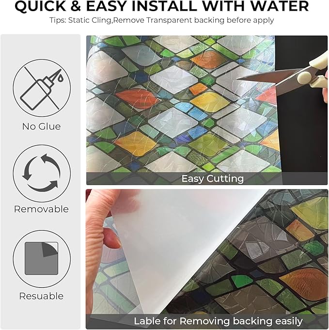 Window Privacy Film Rainbow Film Stained Glass 3D Static Cling Decorative Window Sticker for Bathroom,Front Door,Home Heat Control UV Blocking Non Adhesive,Diamond Grid 17.5 x 78.7 inches