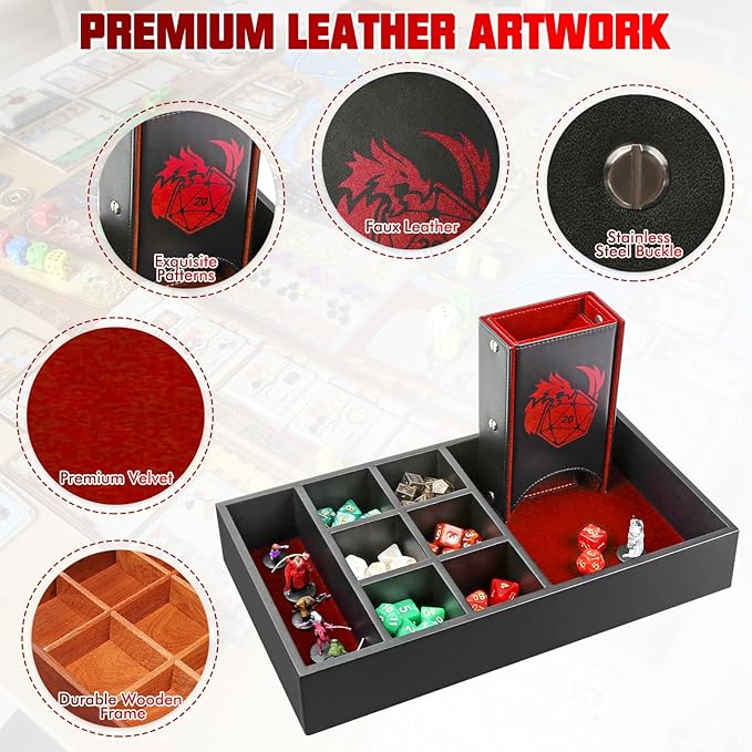 DND Dice Tray & Tower Storage Box, 4 in 1 D&D Dice Holder Case (Dice Rolling Tray, Dice Roller Tower, Dice & Miniature Storage), Great RPG Accessories Gifts for Dungeons and Dragons MTG DM & Player