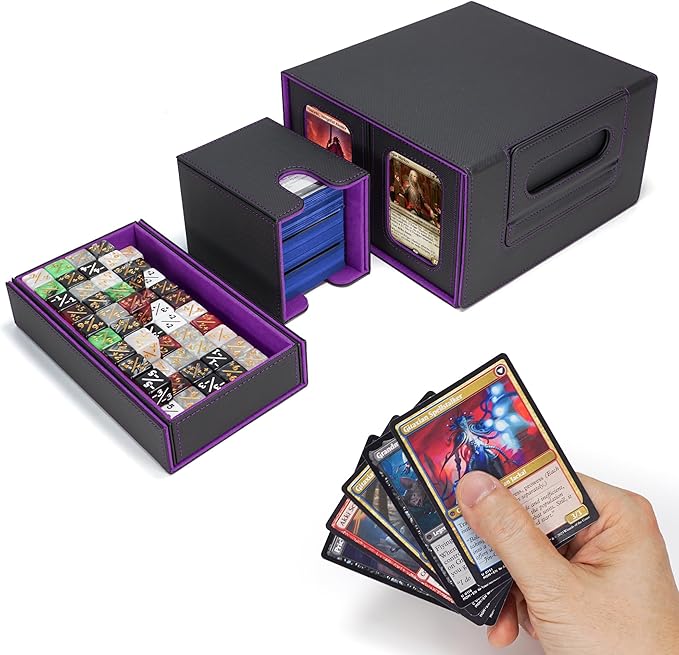 AFIING Commander Deck Box for MTG/EDH, Fits 400+ Double-Sleeved Cards, with Display Window, 4 Removable Deck Cases, Dividers, Dice Tray & Handle, Card Holders for TCG (Black Purple)