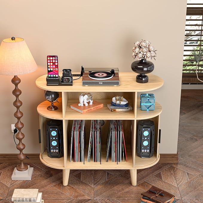 Large Round Record Player Stand with Charging Station & USB Ports，Record Storage Cabinet, Mid Century Modern Turntable Stand for Bedroom Living Room (Small Oak)