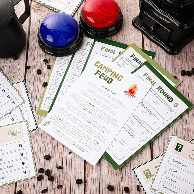 30 Pcs Camping Friendly Feud Game Set Camping Party Game Trivia Quiz with 18 Card 2 Buzzer for Adults Family Games Activities Party Supplies, Battery Not Included