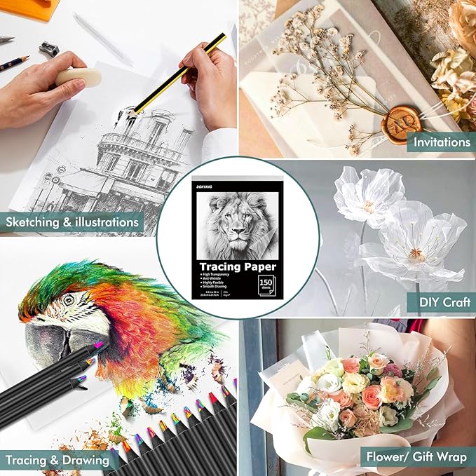 Tracing Paper 8.5x11 inch, 150 Sheets Transparent Vellum Paper for Tracing Pads, Translucent Tracing Paper for Pencil, Marker and Ink - Trace Images, Sketch, Preliminary Drawing, Overlays, Black