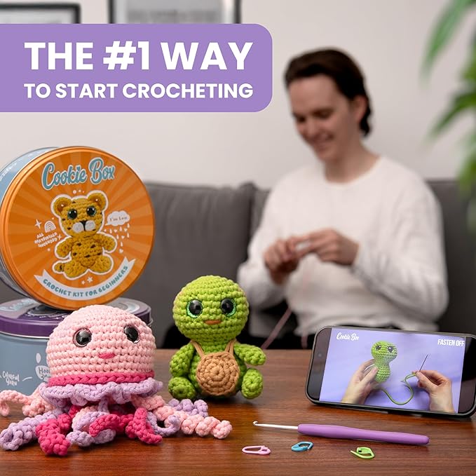 Cookie Box Crochet Kit for Beginners – Gift Set to Make Jellyfish Jenny Amigurumi Plushie – Easy DIY Crochet & Knitting Starter Kit with Video and PDF Tutorials