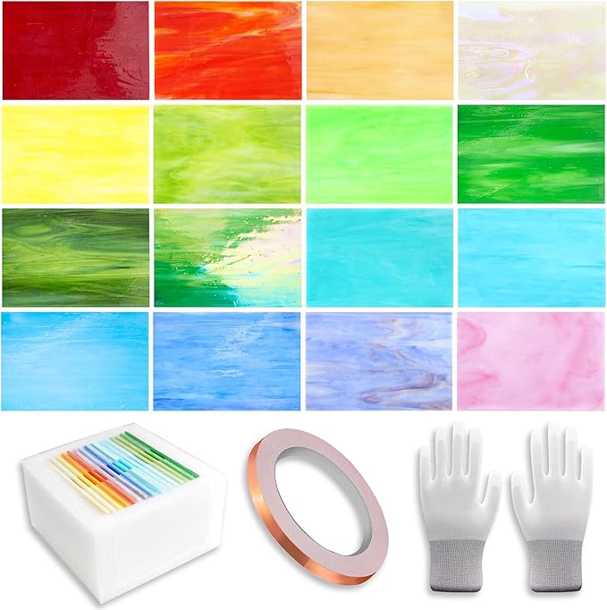 16 Sheets 4x6 in Iridescent Stained Glass Sheets, Glass Cathedral Art, Mosaic Glass, Supplies with Copper Foil Tape and Gloves for DIY (Opaque)