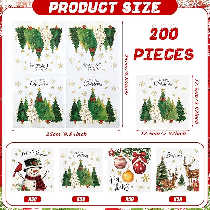 Janlaugh 200 Pcs Christmas Paper Cocktail Napkins Disposable 2 Ply Xmas Style Decoupage Beverage Napkins for Xmas Holiday Winter Dinner Table Decor (Classic Style)
