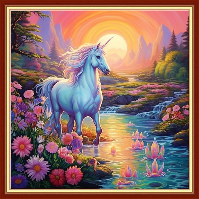Dimxvean Stamped Cross Stitch Kits,Cross Stitch Kits for Adults Beginners,Embroidery Kits Full Range of Cross Stitch Stamped Kits Needlepoint Kits Cross Stitch Patterns-Unicorn Sunrise 18x18 inch