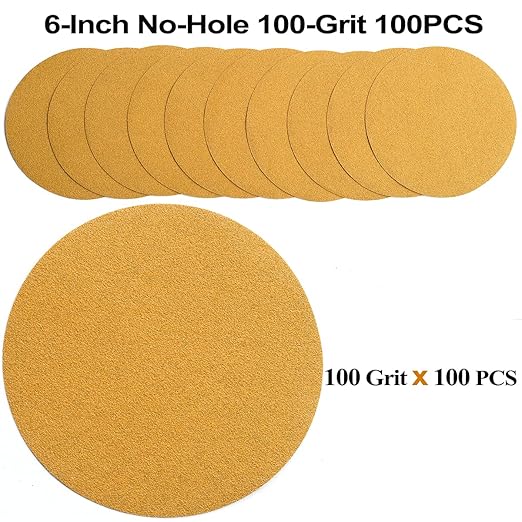 6-Inch No-Hole Hook and Loop Sanding Discs 100-Grit, Random Orbital Sandpaper for Automotive and Woodworking, 100-Pack