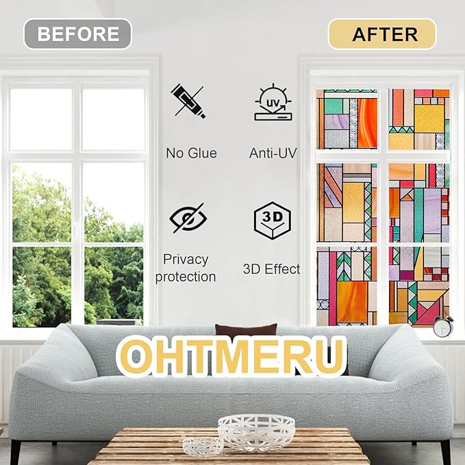 3D Stained Glass Window Privacy Film, Heat Control UV Blocking Static Cling Decorative Window Film for Bathroom,Front Door,Home Non Adhesive,16.9 x 39.3 inches Autumn Reverie