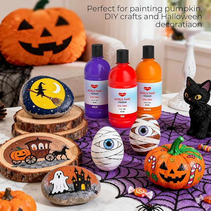 15 Colors Large Acrylic Paint Set (16.9 oz,500 ml), Bulk Acrylic Paint Non-Toxic Art Painting Supplies on Multi Surface Pumpkin Canvas Wood Craft Fabric Rock for Artist Kids with Color Wheel