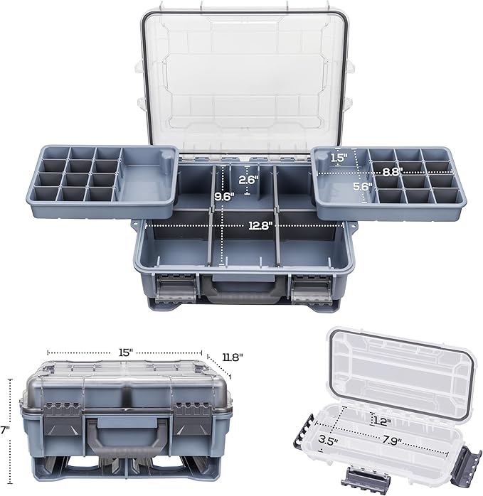 RUNCL Universal Fishing Tackle Box with Two Small Tackle Tray, Removal Inside Design Waterproof Trunk Storage Box, Thicker Floating Airtight Stowaway, Xmas Surprise Fishing Gifts for Men Women