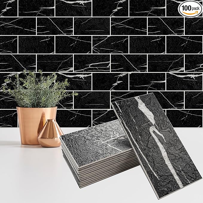 100 Pieces Peel and Stick Backsplash for Kitchen, 3" x 6" PVC Subway Tile Upgraded Nero Marquina with White Grout Backsplash Stick on Tile Elevate Kitchen, Bathroom, Fireplace,RV